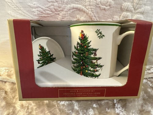Spode Christmas Tree Holiday Tasse und Untersetzer Set ~ Neu in Geschenkbox! 🎄