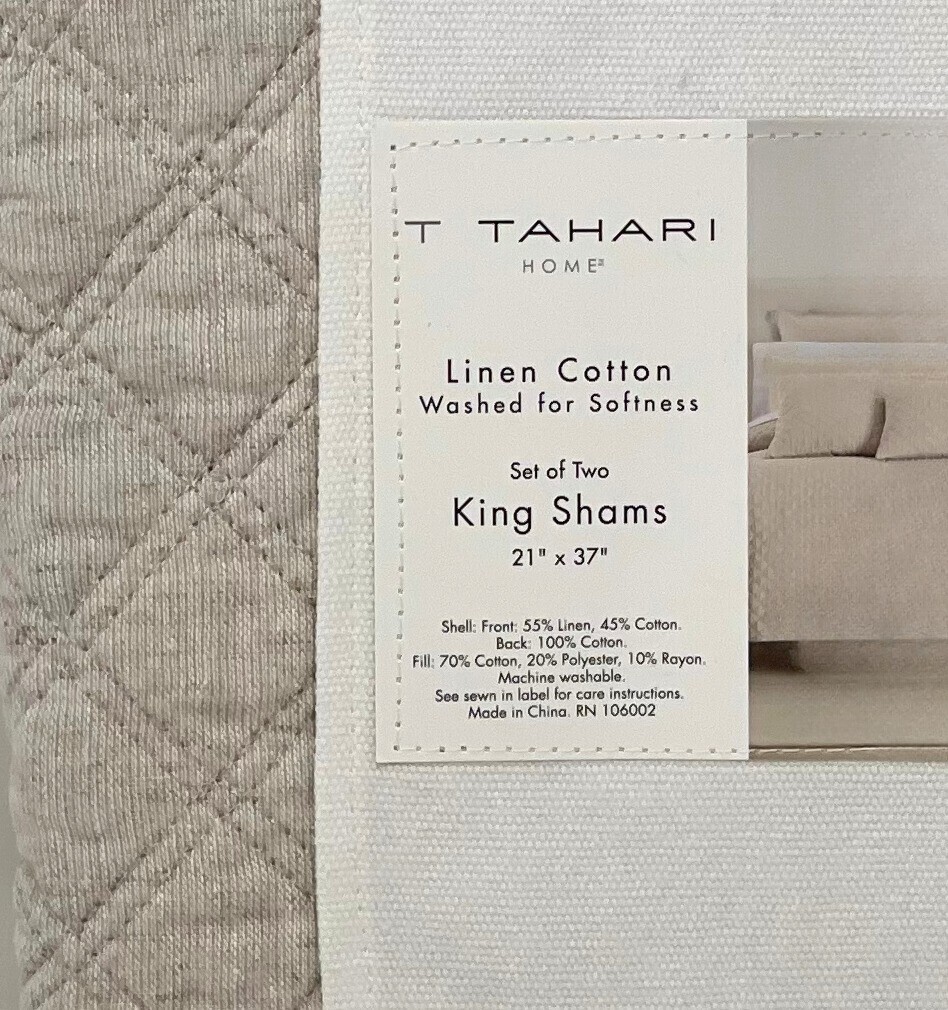T TAHARI Set of TWO KING Linen & Cotton Diamond Quilted Oatmeal Pillow
