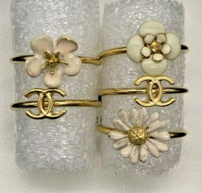 Chanel Rings Stacking Camelia, White & Pink Flowers, CC Gold Tone Ring ...