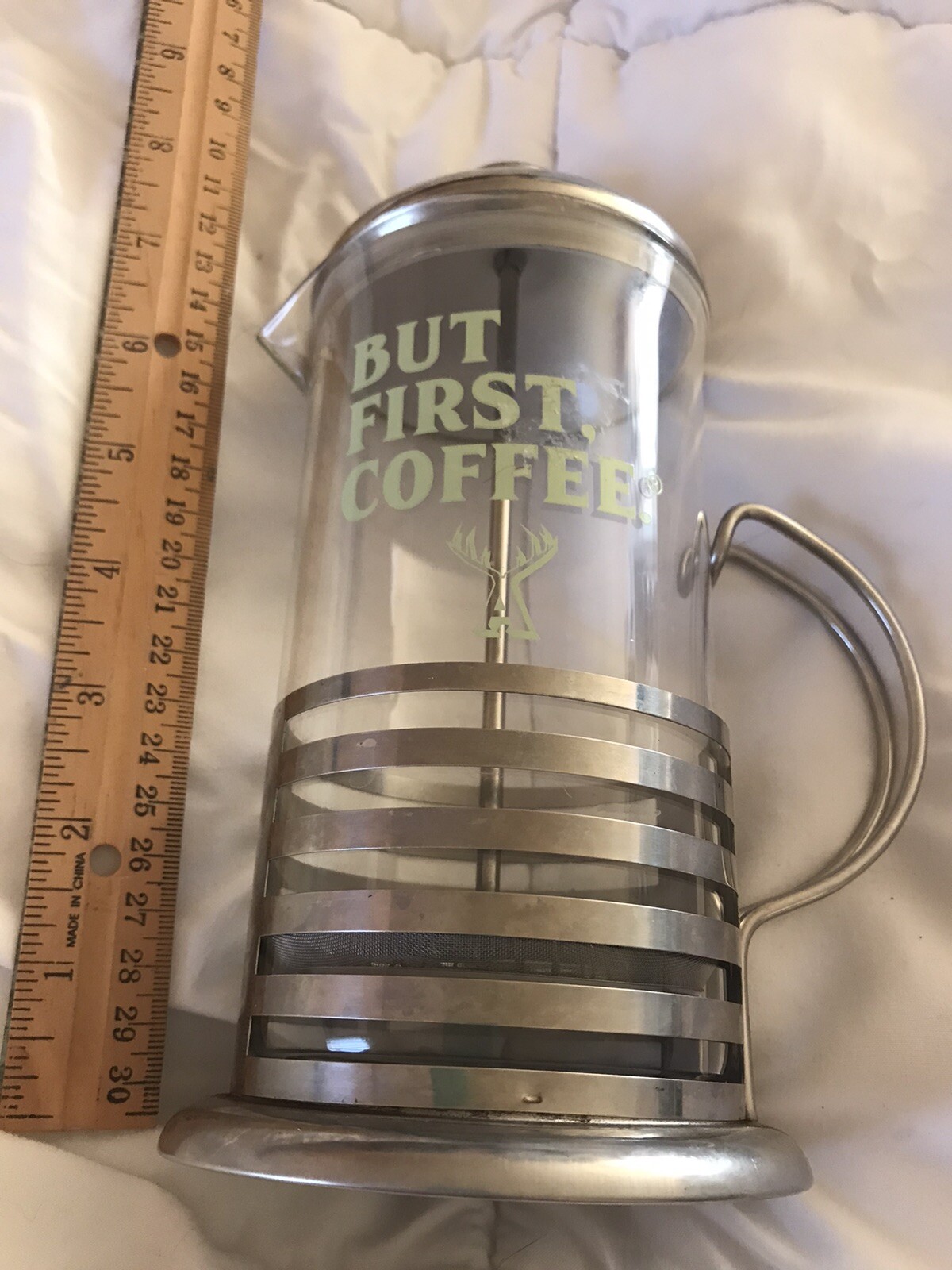 Alfred But First Coffee Stainless Steel Glass Carafe French Press 8 Inches Tall
