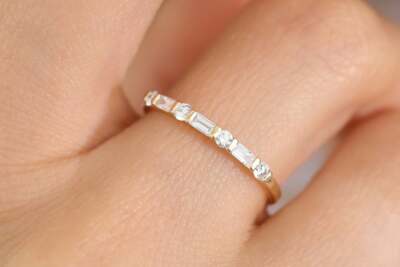 Duo Goldring mit 3 Baguette 4 Brillanten Diamanten 0,27ct Karat 585er 14K Gold V