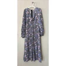 Women's LOFT Floral Ruched Midi Dress Sz 10 Pink Purple Flows Preowned Good