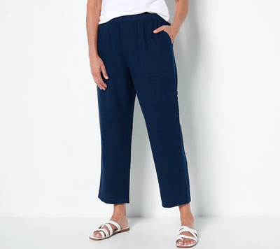 Susan Graver Petite Pure Easy Linen Utility Crop Pant Navy M New