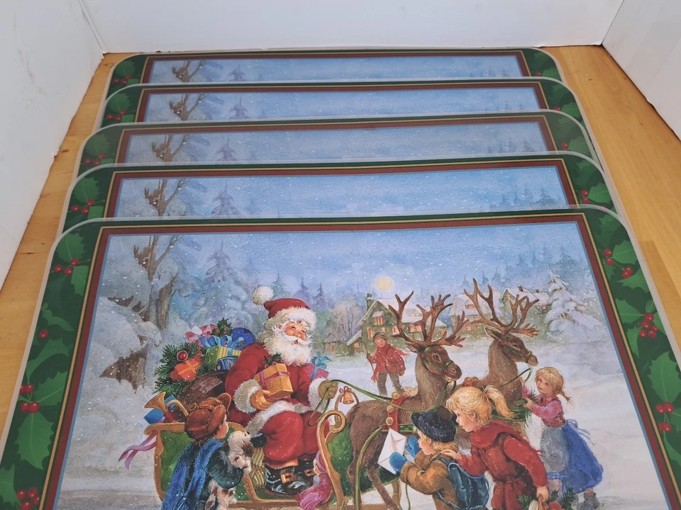 Lote De Colección De 5 Manteles Vinilos Navidad Trineo De Papá Noel Reverso A Hojas De Acebo Foto 3 de 4