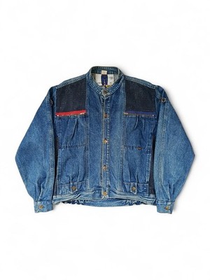 Vintage 80s Italian Avantagrede Blue Denim Jeans Jacket Utility Cropped Bomber XL 