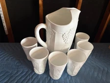 Indiana Harvest Grape White Milk Glass set with large pitcher and 6 glasses