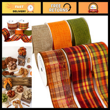 Fall Burlap Wired Ribbon - 2" x 30 Yards, Plaid Orange Sage Green, Wreaths, Bows