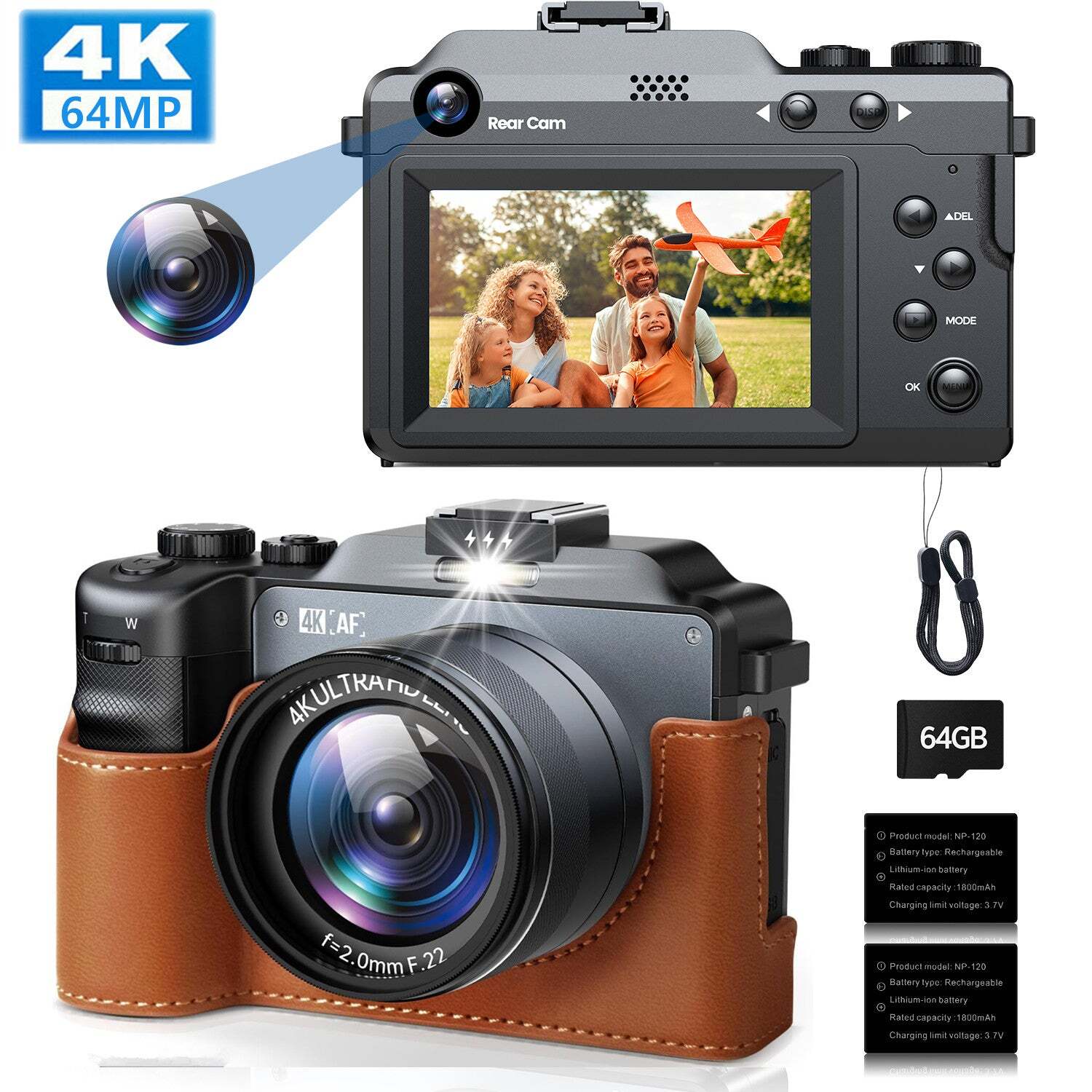 4K 64MP Dual Lens Autofocus Digital Camera Camcorder Vlogging Camera with Flash~