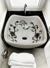 White Marble Wash Basin Sink, Marble Inlay Hand Wash Basin Sink, Interior Decor