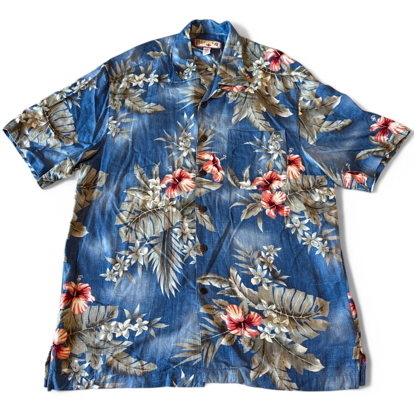Caribbean Joe Hawaiian Shirt Mens Size Medium Blue Floral Short Sleeve Button Up