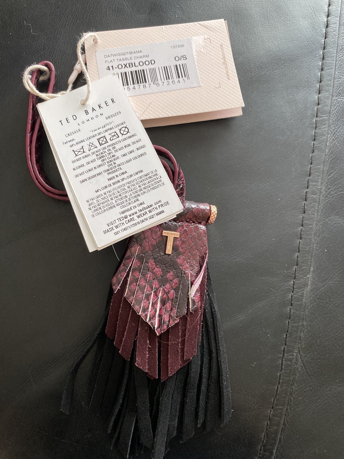 TED BAKER BIAMA FLAT TASSLE BAG KEY CHARM OXBLOOD - KEYRING - REAL LEATHER - New