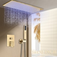 Brushed Gold Shower Faucet Set 16x32 in LED Rain Shower Head Combo Ceiling Mount