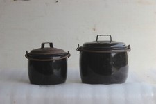 2 Pc Black Vintage Enamel Cooking Pot Kitchenware Home Decor Collectible