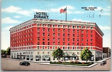 Flint Michigan MI, 1942 Hotel Durant, Road, Street, Multi-story Bldg, Postcard
