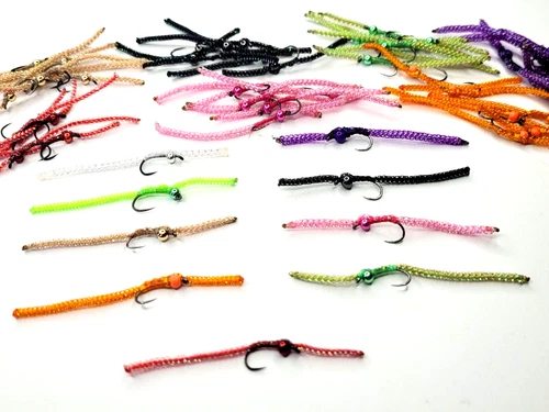 SAN JUAN WORM - 1/2 dozen - 3.2mm TUNGSTUN Bead - #12 Barbless - 12 COLORS - NEW