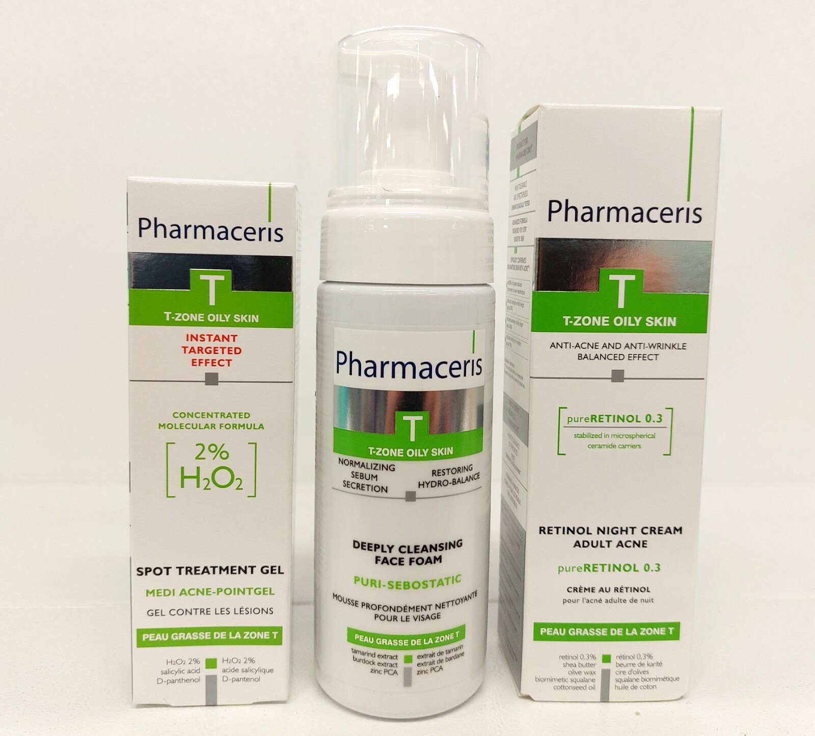 Pharmaceris T Acne bundle - retinol night cream, spot treatment gel, face foam