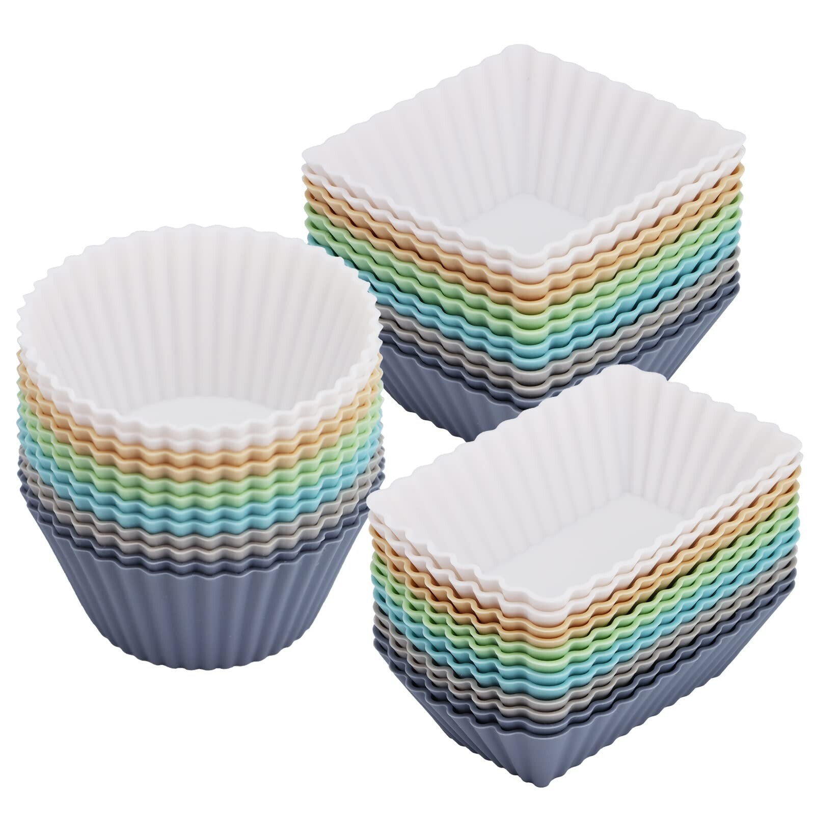 36-Pack Reusable Silicone Baking Cups for Muffins & Cupcakes - Round & Square Non-Stick Liners