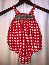 Girls Cat  Jack 5t preowned Red Gingham Swimsuit with Blue Bow on Back