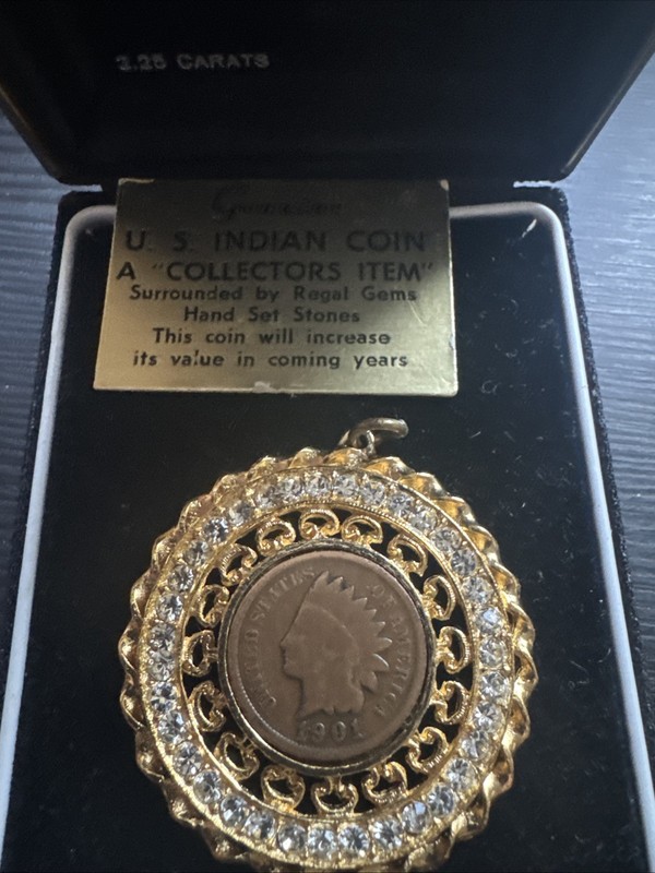 Vintage 1901 Indian Head Penny Necklace Rhinestone Pendant Coin Man Made Diamond