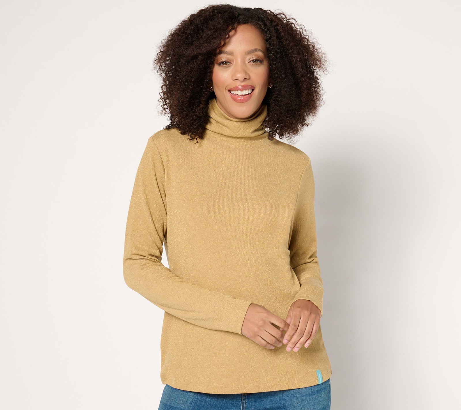 Isaac Mizrahi Live! Women's Top Sz L Apres Shimmer Knit Turtleneck Brown A671303