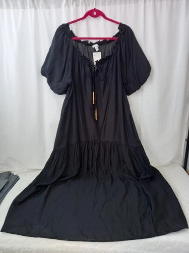❤️ H&M Lovely Fabric Black Midi Dress With Gold Tassel Tie Detail Size Large New