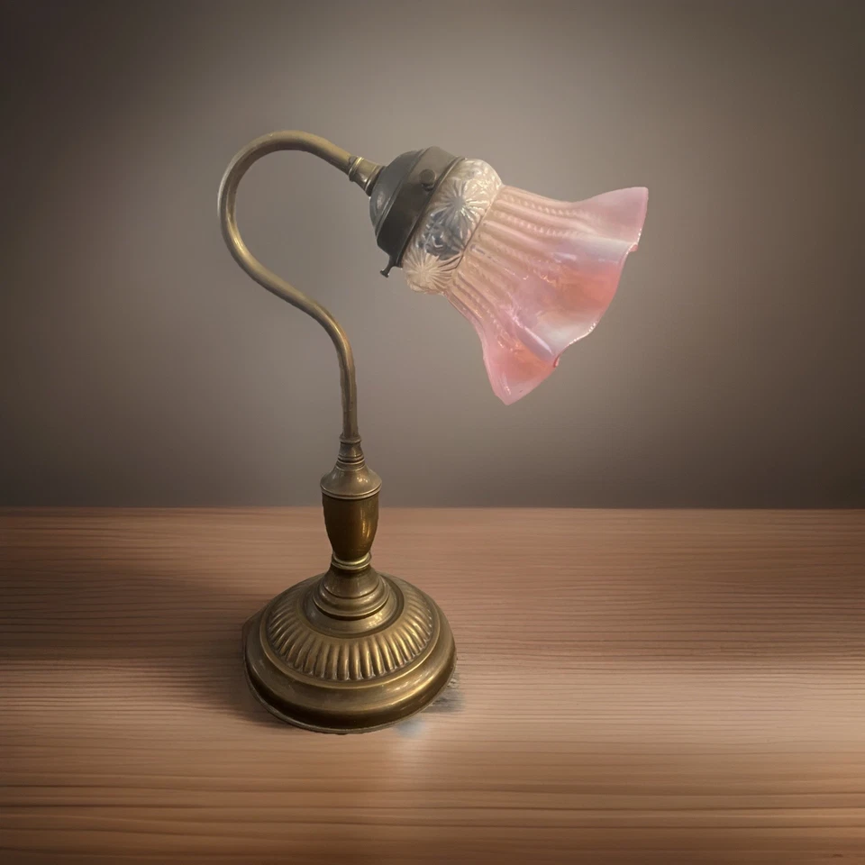 Lâmpada de leitura vintage art déco bronze fundido pesado com vidro tulipa sombra urânio 1900-1940 - Imagem 3 de 4