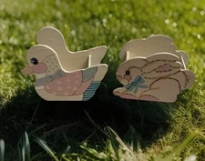 Vtg Set Of 2 - 4” Easter Baskets Wood  Bunny & Duck Colorful Cottagecore Country