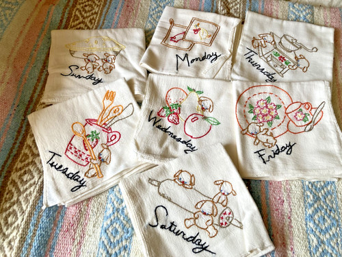 Vintage kitchen dish towels Playful Bunnies embroidery -7 towels #16 28 x28