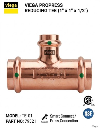 Viega ProPress 1 in. x 1 in. x 1/2 in. Press Copper Reducing Tee (79321)