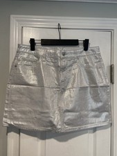 NWT Old Navy Size 10 Silver Shine Metallic Zip Stretch Denim A Line Mini Skirt