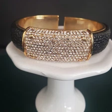 Unbranded Cuff Bracelet Black Pebbled Faux Leather Double Hinged Clear Crystals