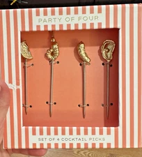 Anthropologie Cocktail Picks Set Of 4 New In Box Party of Four Gold Lime, pickle