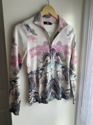 NWT Etoile Du Monde Watercolor Scenic Print Zip Sweater Jacket Soft Multicolor