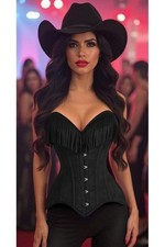 Daisy Top Drawer Black Suede Steel Boned Overbust Corset with Fringe