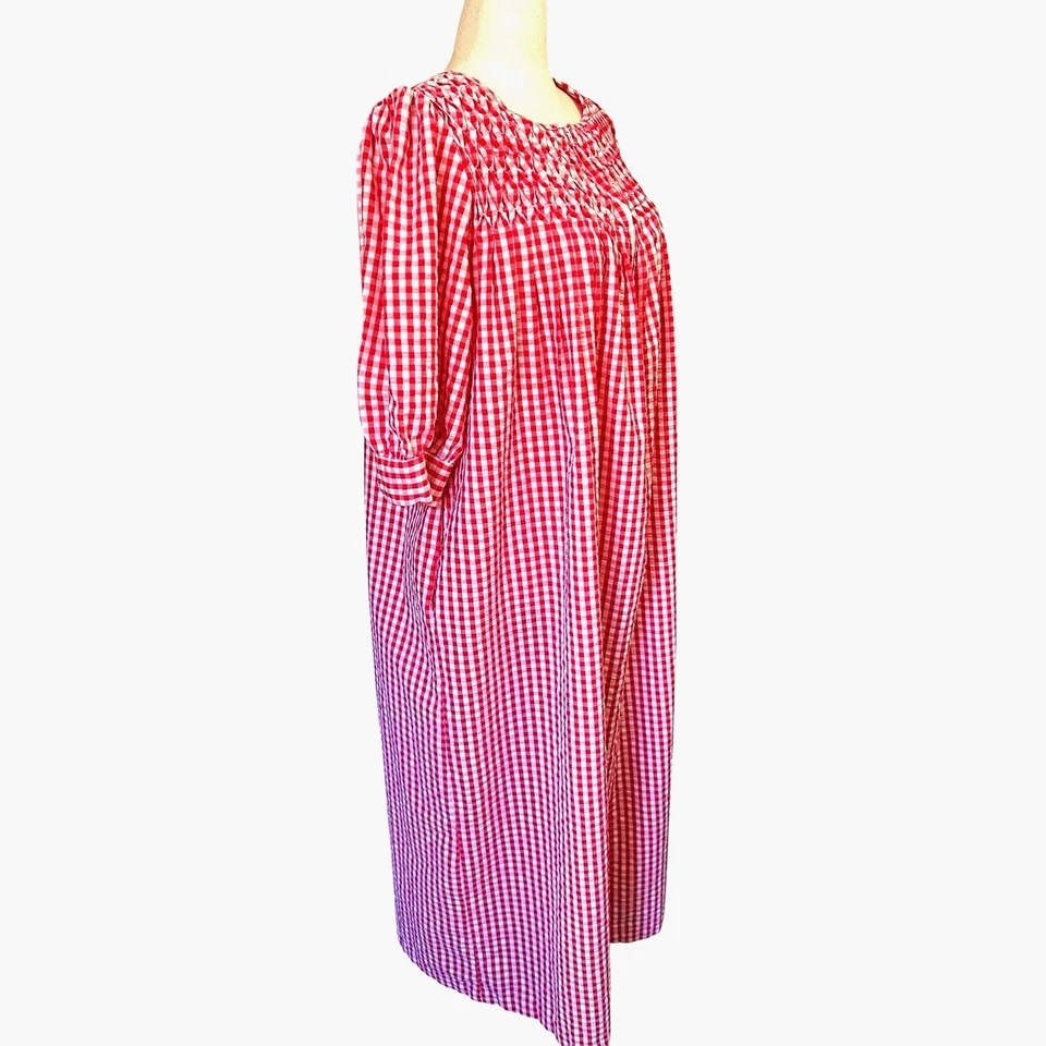 Saybury Red Gingham Puff Sleeve Seersucker Muu Muu Housecoat Smocked Pockets 1X - Image 4 of 4