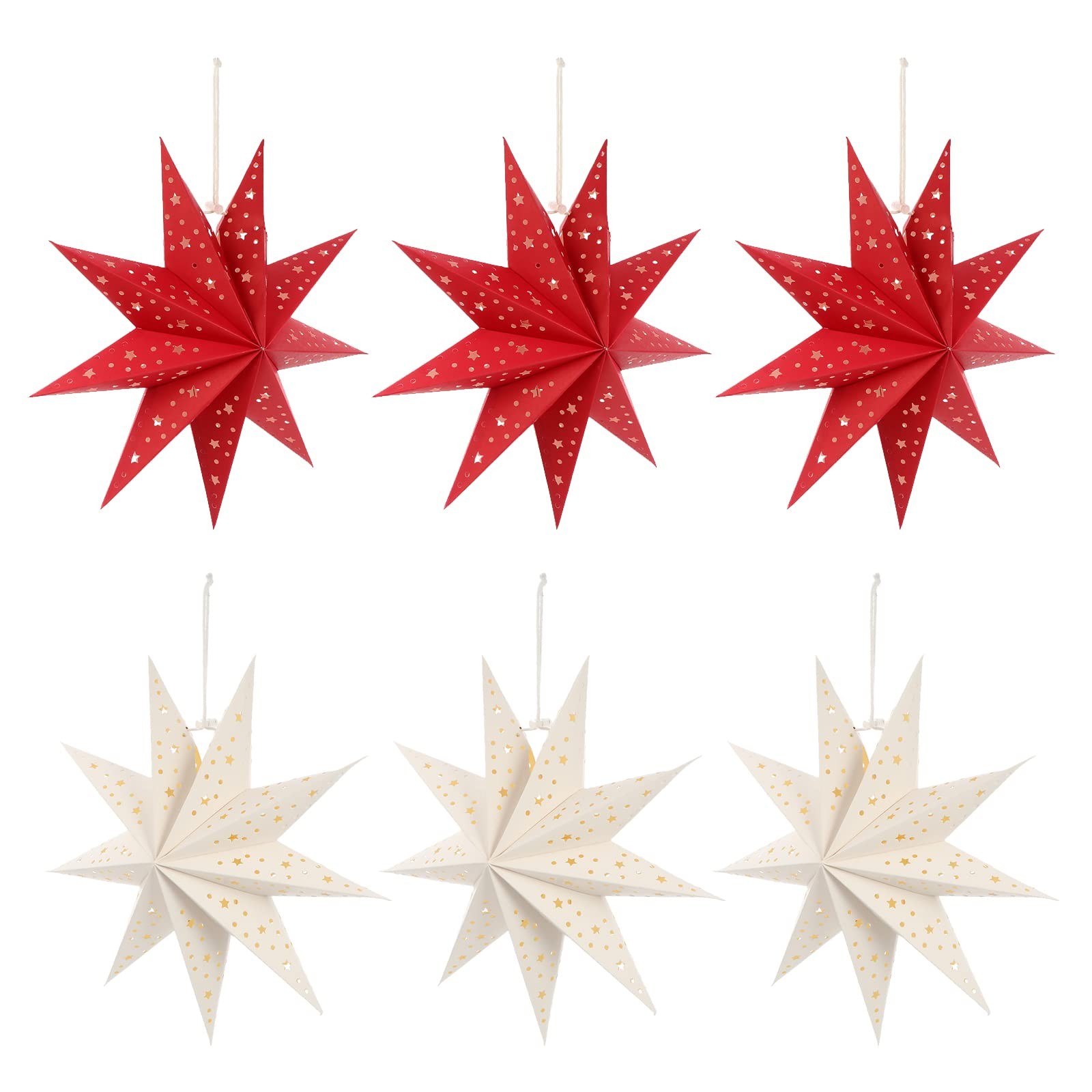 6 Pcs White, Red 9-Pointed Paper Star Lantern, Lampshade, Hanging, Christmas