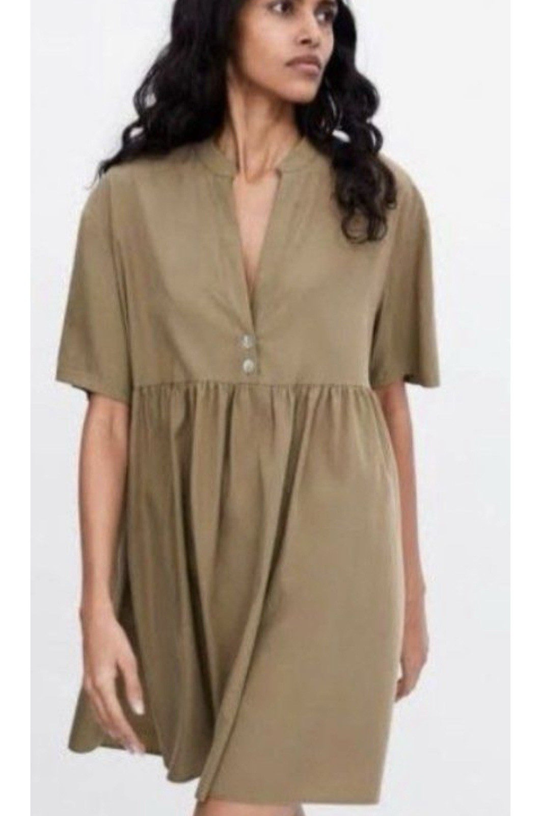 Zara Babydoll Dress Mini Size Medium V Neck Buttons Boho Womens