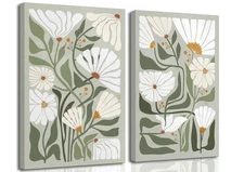 2 Pcs Boho Wildflowers Canvas Wall Art Green Bohemia Abstract Floral Botanica...