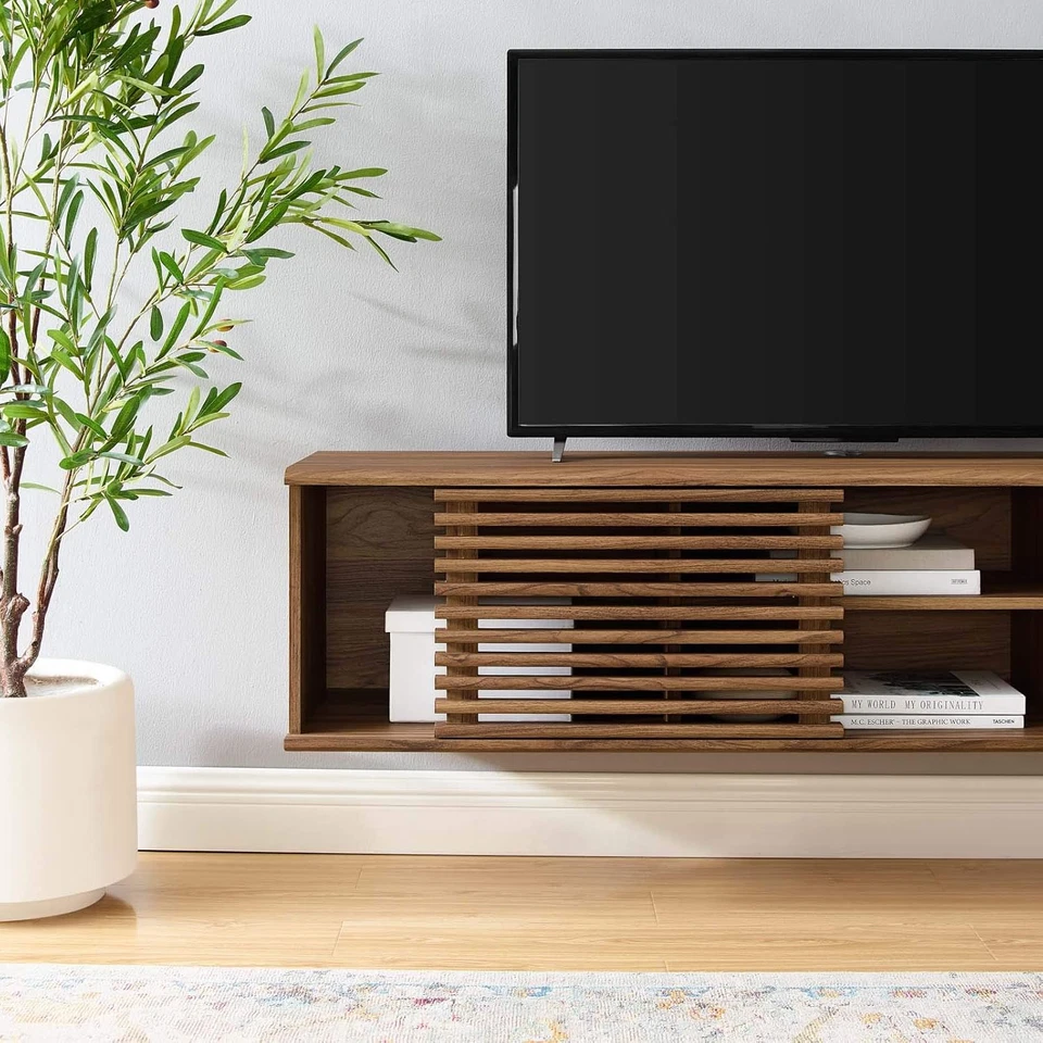 Render 60" Mid-Century Modern Wall Mount Media Console TV Stand, 60 Inch, Walnut - Image 2 of 4