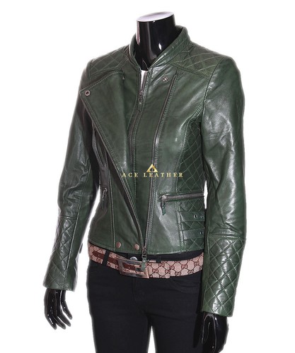 Roxy Green Biker Style New Designer Ladies Retro Real Lambskin Leather Jacket - Picture 1 of 10