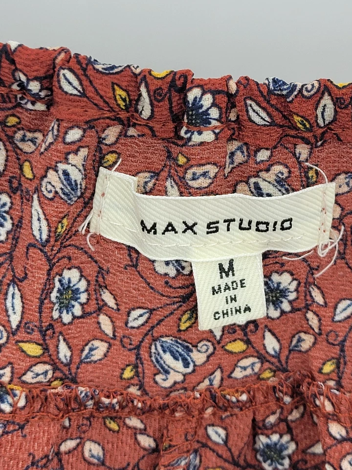 Vestido Max Studio Feminino Médio Marrom Floral Babado Manga Balão Boho Camponês - Imagem 3 de 4