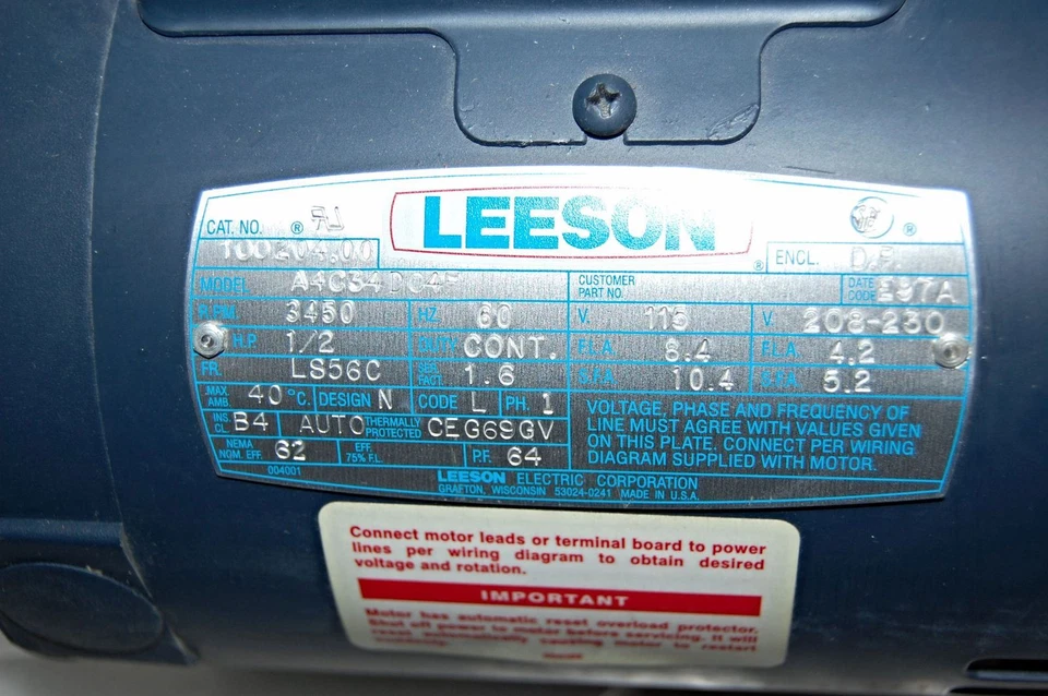 LEESON 100204.00 A4C34DC4F 115/208-230 V AC 1/2 HP 3450 RPM Motor - Image 4 of 4
