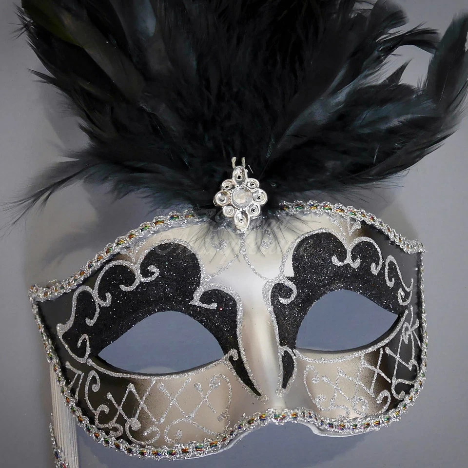 Handheld Stick Venetian Masquerade Mask for Women M6150 - Black/Silver - Image 4 of 4