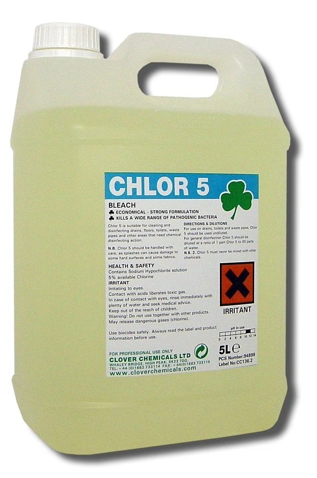 CLOVER CHEMICALS Chlor 5 Concentrated Bleach Strong Disinfectant Kill Bacteria Clean Floor Toilet