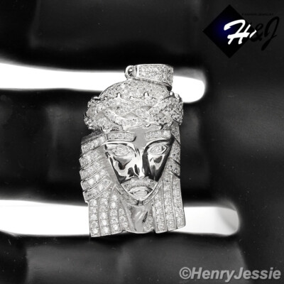 MEN 925 STERLING SILVER ICY BLING CUBIC ZIRCONIA JESUS FACE SILVER ...