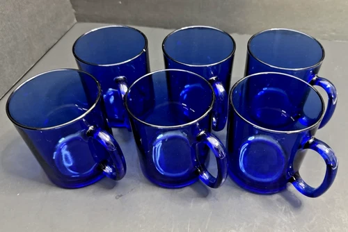 6 Arcoroc Saphir Mugs Set Vintage Cobalt Blue Drink Coffee Cup Dishes France Lot