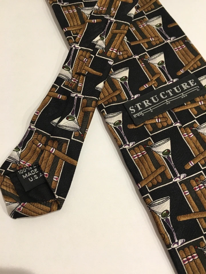 STRUCTURE 男式 100% 真丝黑色/棕色带雪茄和马丁尼斯领带 — 第 2/4 张图片