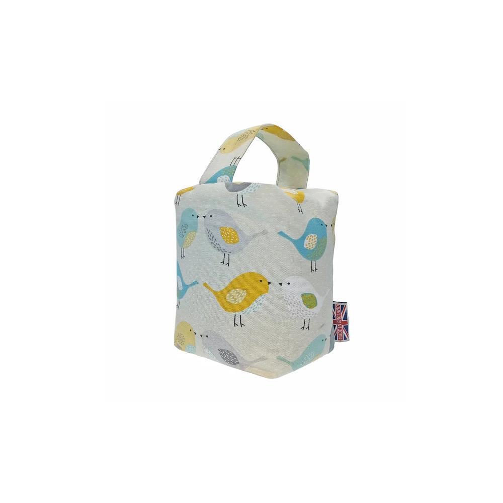 Fabric Doorstop Decorative Heavy Weighted Square Stopper Handle Green Grey Bird