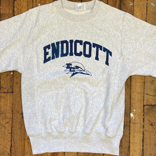 ENDICOTT COLLEGE Small Gray Champion Reverse Weave Sweatshirt Print Defects