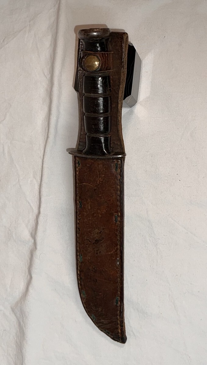Vintage K Bar Knife and Leather Sheath Early Knife with Peened Thick